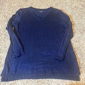 EILEEN FISHER Navy Blue 100% Organic Linen V Neck Long Sleeve Tunic Top M